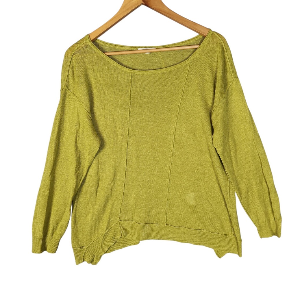 Eileen Fisher Sweater PL Green Organic Linen Boxy Relaxed Fit Open Knit